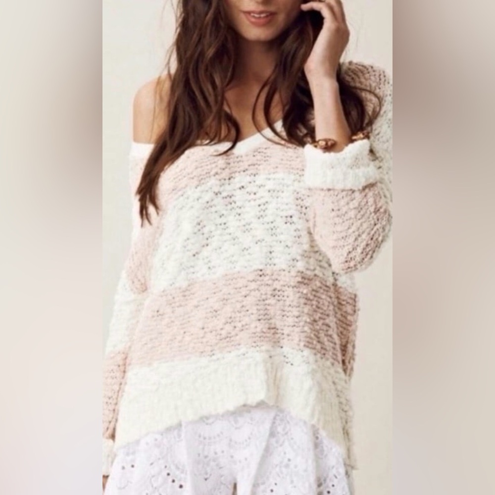 Free People Revolve Pink Creamy Ombré Nubby Relaxed Fit Sweater Deep V- Neck XS